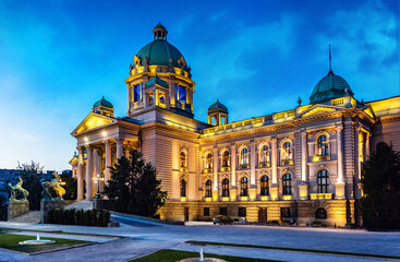 Parliament building in Belgrade, Serbia. Evening view. House of the National Assembly. Belgrade is the capital of Serbia. - obrazy, fototapety, plakaty