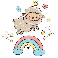 Hand Drawn Cute Lamb and rainbow, Cute Sheep, Vector Illustration Print Design for T-shirt
