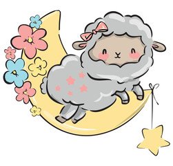 Hand drawn cute lamb on the moon. Print design for baby textiles. Vector illustration