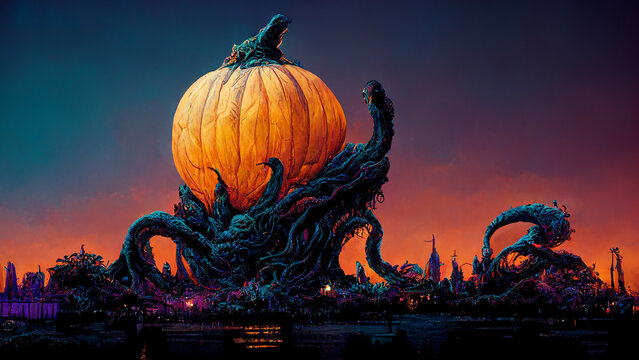 Halloween Pumpkin Squid Tentacles Attack The City, Halloween Night Spooky Glowing Neon Light Pumpkin, Evil Eye Pumpkin Lough