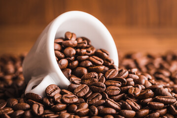 Coffee beans and coffee cup copy space background. Menu coffee shop or cafe.	