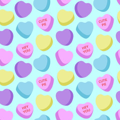 Candy heart seamless pattern, simple, pastel color, valentine,  sweet, kiss, love, sweetheart, cutie pie, hey you, light blue background