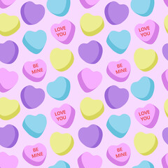 Candy heart seamless pattern, simple, pastel color, valentine,  sweet, kiss, love you, sweetheart, be mine, light pink background