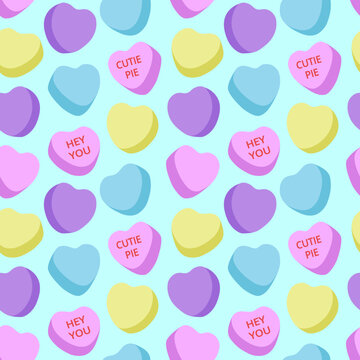 Candy heart seamless pattern, simple, pastel color, valentine,  sweet, kiss, love, sweetheart, cutie pie, hey you, light blue background