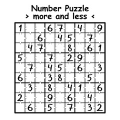 Simple nine by nine sudoku game with math symbols more and less vector.