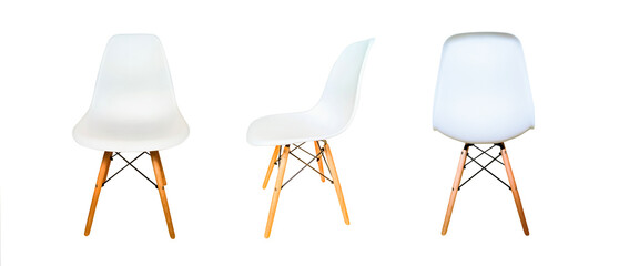 White modern chairs with wooden legs isolated on white background. Front view, side view and back...
