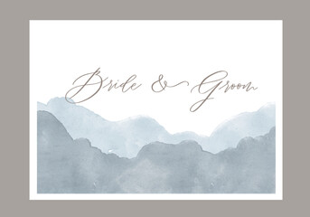 Wedding invitation template with blue watercolor background. Bride and Groom calligraphy.