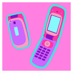 flip phone vintage illustration, colorful, fun, 90s aesthetic, cool design, illustration, technology, vintage, pink background