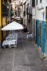 Alley in the old town with restaurants , Funchal, Madeira, Portugal, Europe