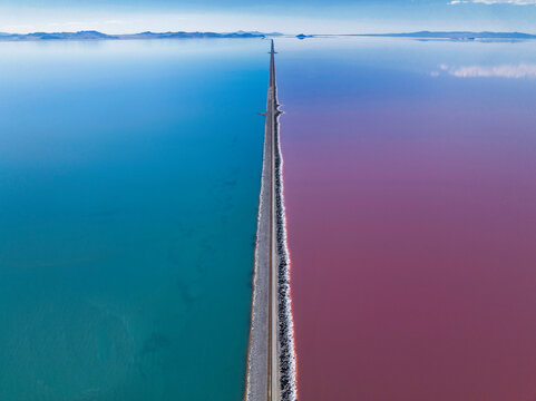 Road Split Red and Blue Water Great Salt Lake