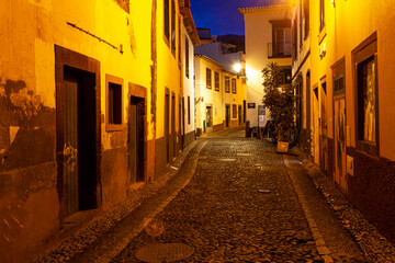 Alley in the old town by night, Funchal, Madeira, Portugal, Europe