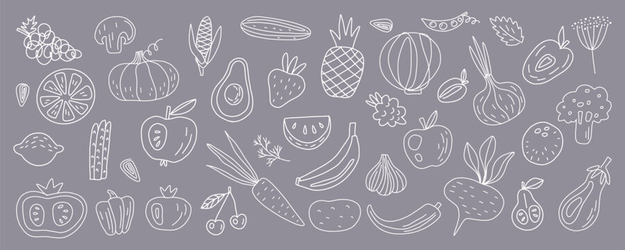 Vector set of fruits and vegetables drawn in the style of doodles with a thin line.