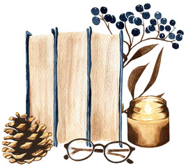 Hand drawing watercolor fall composition with books, candle, glasses and cone, isolated on transparent background