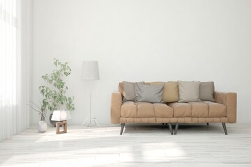 White living room with sofa. Scandinavian interior design. 3D illustration
