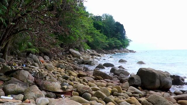 Naithon Beach bay panorama with turquoise clear water Phuket Thailand.