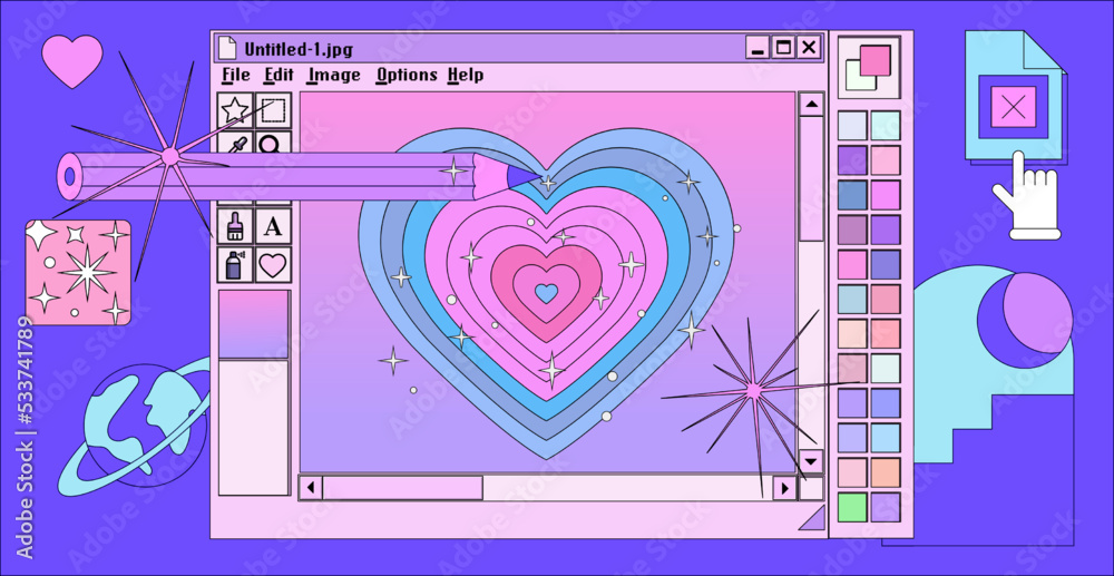 Poster retro user interface with graphic editor window box and icons. y2k style collage in pastel pink, blu