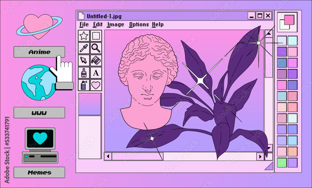 Poster Retro vaporwave user interface with modal dialog window box of a graphic design software and editor program and picture of a Venus statue in pastel cute colors.