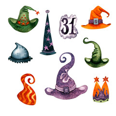 Watercolor set of hats for the Christmas and Halloween masquerade in dark colors: orange, purple, gray, green. Elements isolated on white background