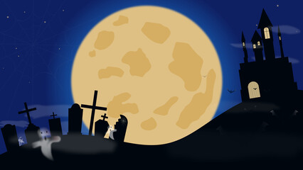Picture for halloween with graves, castle, bats and ghosts on the background of the big moon, illustration © Алексей Еремеев