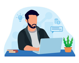 Freelancer Young boy sitting on the Chair working with laptop at home, flat illustration vector