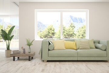 Fototapeta premium White living room with sofa and summer landscape in window. Scandinavian interior design. 3D illustration