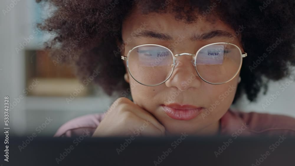 Aufkleber laptop business, idea thinking and black woman on the internet fo creative search, reading email on 