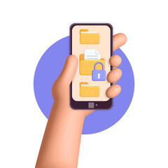 Realistic render man hand holds smartphone with yellow file folder with search glass icon design concept. 3d vector file storage and document data management idea illustration. searching for file.