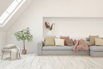White living room with sofa. Scandinavian interior design. 3D illustration
