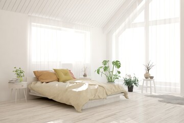 White bedroom interior. Scandinavian design. 3D illustration