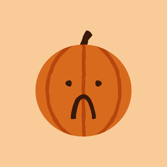 Halloween Pumpkin Sad Face Emoticon, Cute Orange Face Emote with Open Eyes and a Steep Frown. October Holidays Jack O Lantern Isolated Vector.