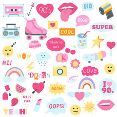 Fashion collection of 90s girly stickers. Vector illustration of hand drawn patches, pins in pink color. Nostalgia 1990