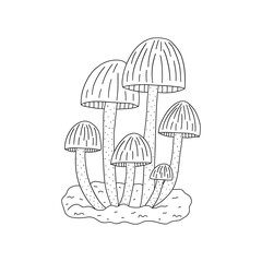 Family of fairy mushrooms. Black and white vector isolated illustration hand drawn. Wildlife simple doodle card