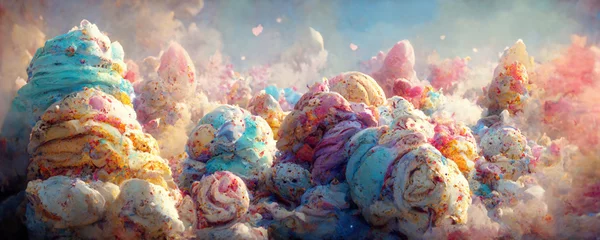 Fototapeten Fantasie bunte süße magische Landschaft aus Eis und Süßigkeiten auf verschwommenem Hintergrund 3D-Render. © Nokhoog