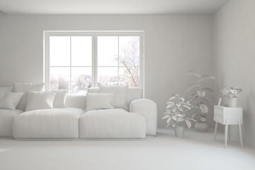 Mock up of stylish room in white color with sofa and winter landscape in window. Scandinavian interior design. 3D illustration