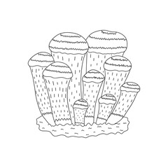 Family of fairy mystery mushrooms. Black and white vector isolated illustration hand drawn. Wildlife simple doodle card. Little magical mushrooms in forest