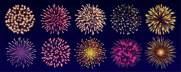 Set of colorful fireworks. Set of festive patterned salute bursting in various shapes