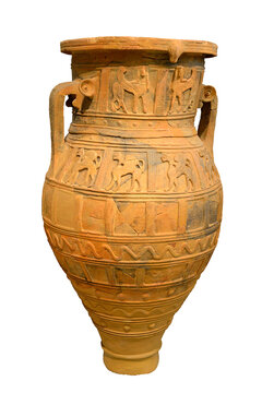 CRETE, GREECE: Archaic pithoi of the 7th and 6th cent. BC, high capacity storage containers. Heraklion Archaeological Museum contains the most notable collection of artifacts of the Minoan civilizatio