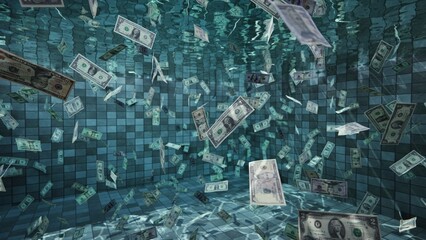 Pool full of money - dollars sinking,floating in blue water