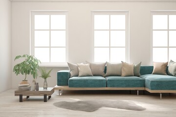 White living room with sofa. Scandinavian interior design. 3D illustration