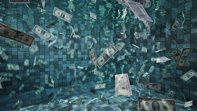 Pool Full Of Money - Dollars Sinking,floating In Blue Water