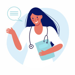 A smiling doctor girl speaks and waves her hand