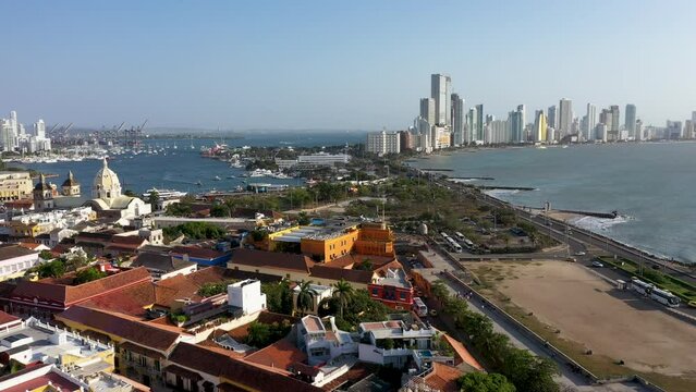 The view from the Old Town of Cartagena to the Business Part of the Modern City Aerial Panorama View