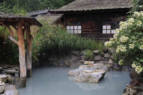 Old historic buildings of Nyuto Onsen hot spring in green mountain valley in Semboku city, Akita prefecture, Tohoku region, northern Japan, Asia