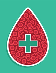 Blood Cells and cross in the shape of a blood droplet on a green background - Vector illustration
