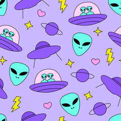 Seamless pattern with cute aliens and ufo ships, stars, hearts and saturn planet. Vector background
