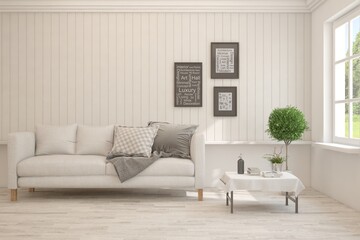 White living room with sofa. Scandinavian interior design. 3D illustration