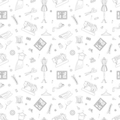 Seamless pattern with sewing elements. Sewing machines, dresses, buttons, scissors, needles, etc. Flat outline vector illustration.