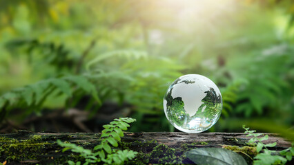 Environmental concept - world map crystal ball in green forest with rich nature.