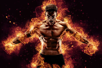 Fototapeta na wymiar Bodybuilder posing on the fire flames background