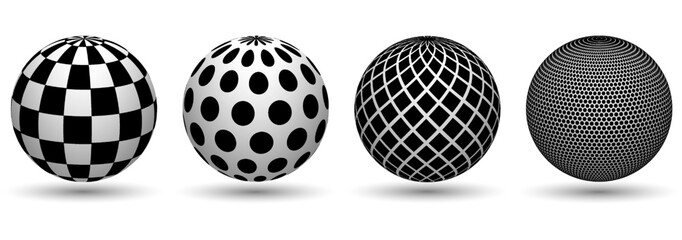 Set of halftone volumetric spheres. Collection of 3d spheres.